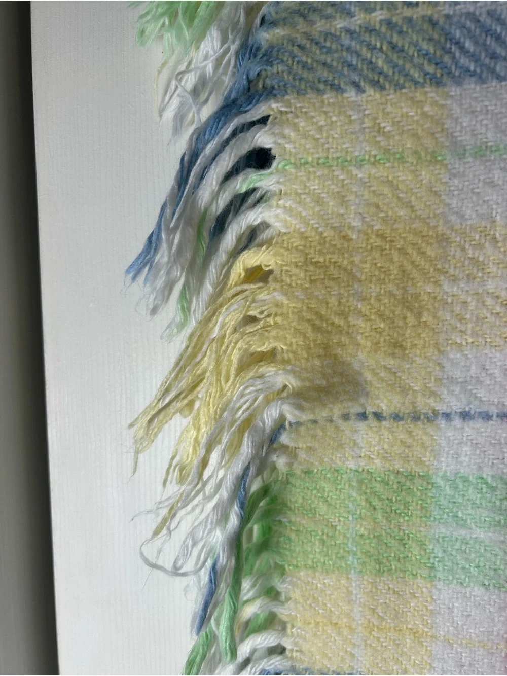 WPL 1675 Plaid Baby Blanket Fringe Edge Trim Pastel Pink Blue Yellow Acrylic USA